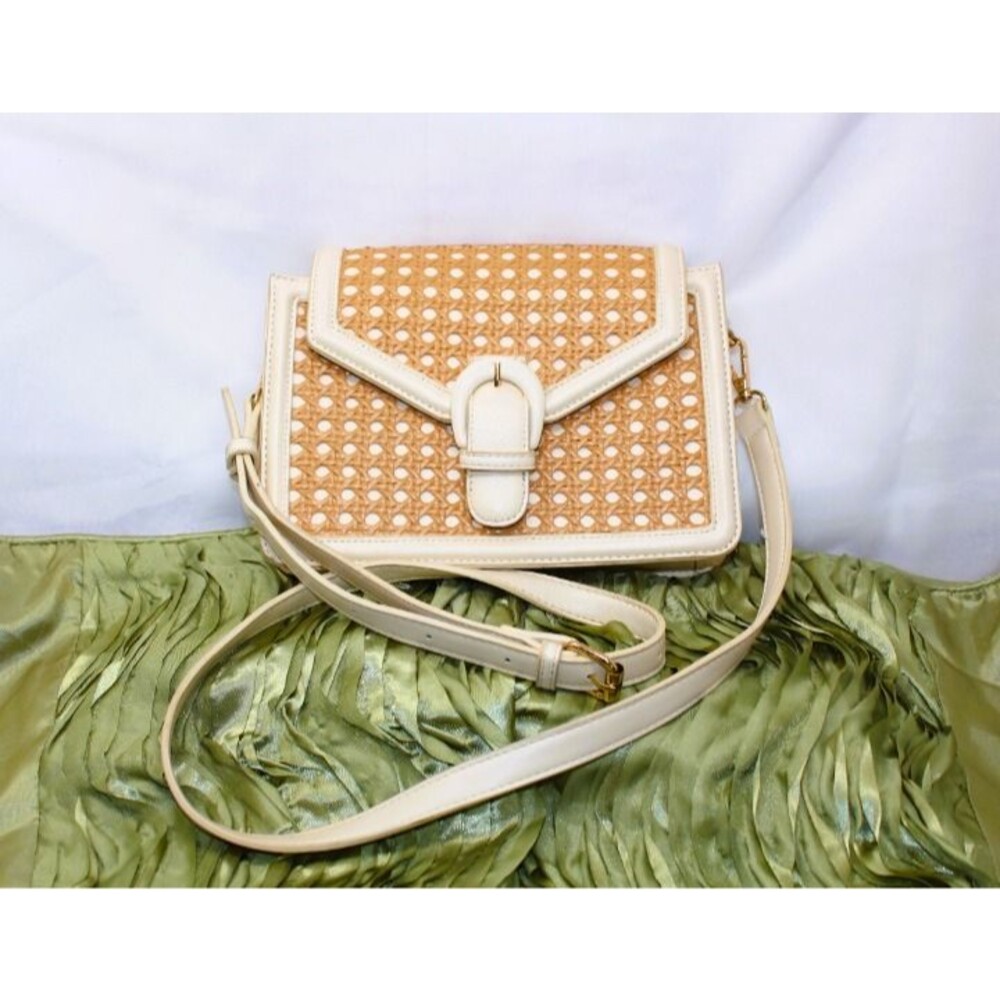 Madison West 'Jolene' Woven Rattan Cane Tan Crossbody Purse Bag Modern Retro!